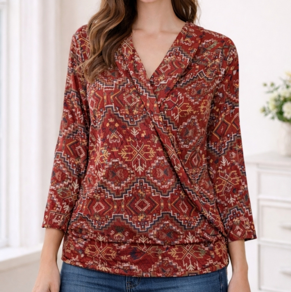 Cato Southwestern Aztec Patterned Long Sleeve Blouse Stretch Top Size Medium